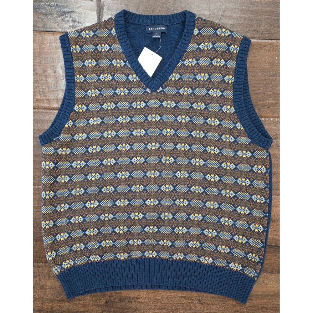GORPCORE NWT Dark Academia V-Neck Sweater Vest Fair Isle Blue Wool Blend L 42-44